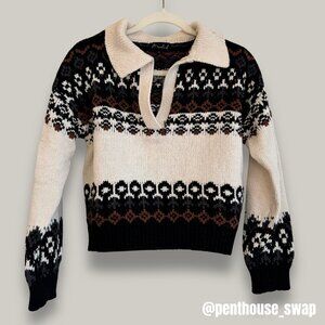 Marled Black and Cream Thick Knit V-Neck Sweater, Size S